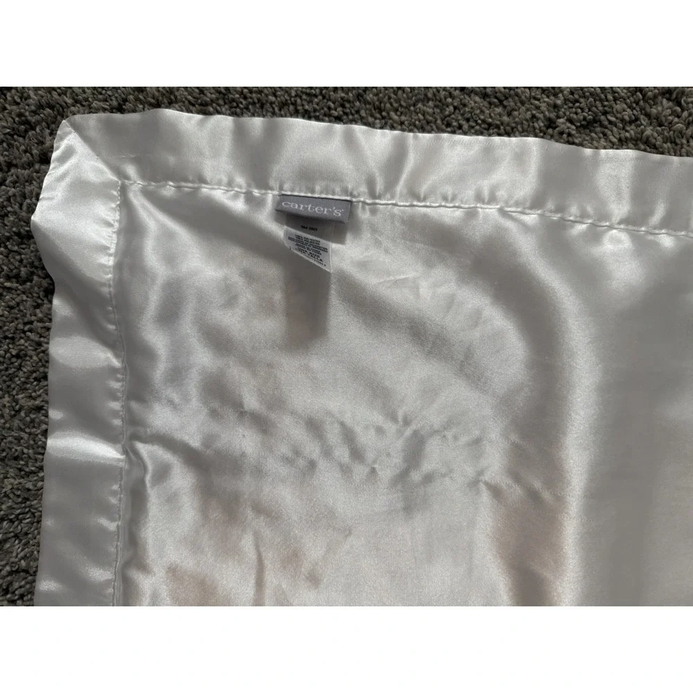 Carter's White Baby Blanket Teddy Bear Bunny Duck Blocks Satin  28x32
